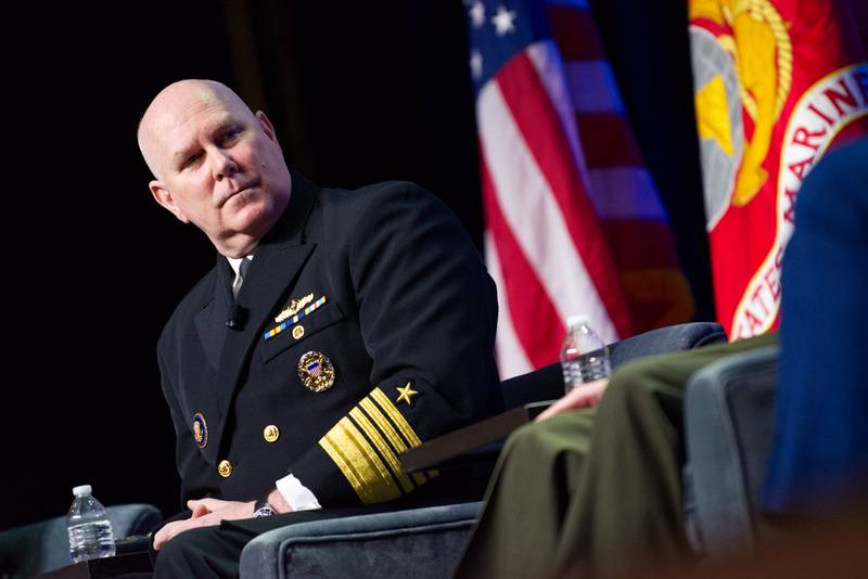U.S. Navy Adm. Chris Grady, the vice chairman of the Joint Chiefs of Staff, listens to another speaker at the Sea-Air-Space conference in National Harbor, Maryland, on April 4, 2023.