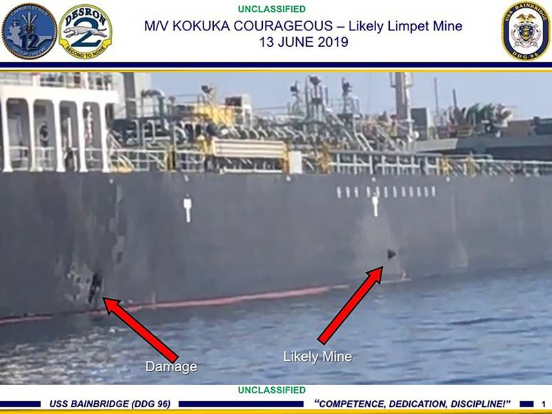 This June 13, 2019, image released by the U.S. military's Central Command, shows damage and a suspected mine on the Kokuka Courageous in the Gulf of Oman near the coast of Iran.