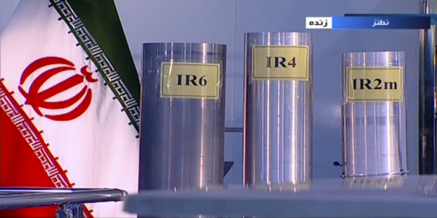 In this June 6, 2018, frame grab from the Islamic Republic Iran Broadcasting, IRIB, state-run TV, three versions of domestically-built centrifuges are shown in a live TV program from Natanz, an Iranian uranium enrichment plant, in Iran.
