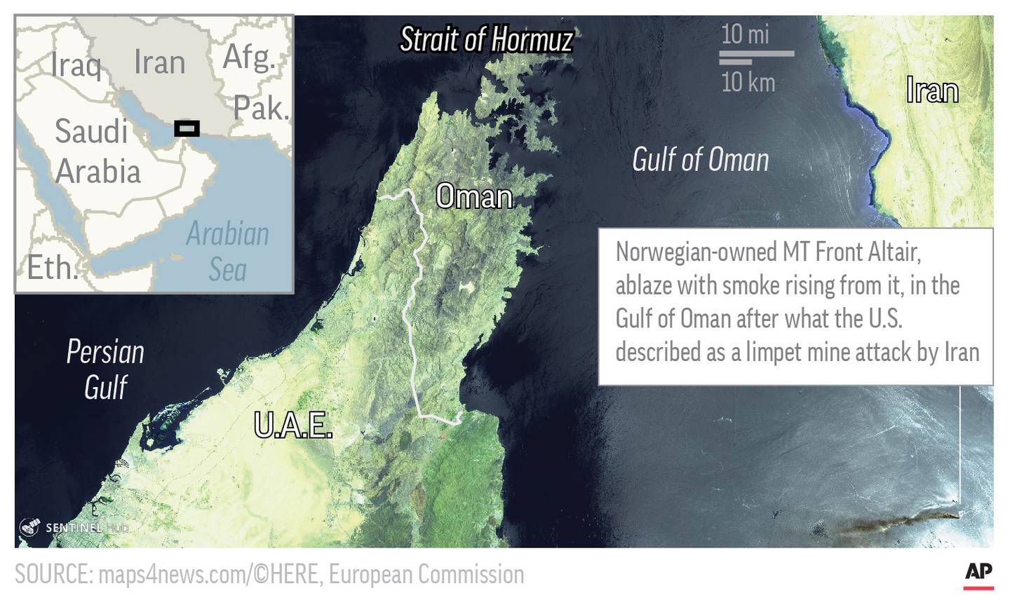 Map shows aerial satellite image of area in the Gulf of Oman, where an oil tanker was attacked.