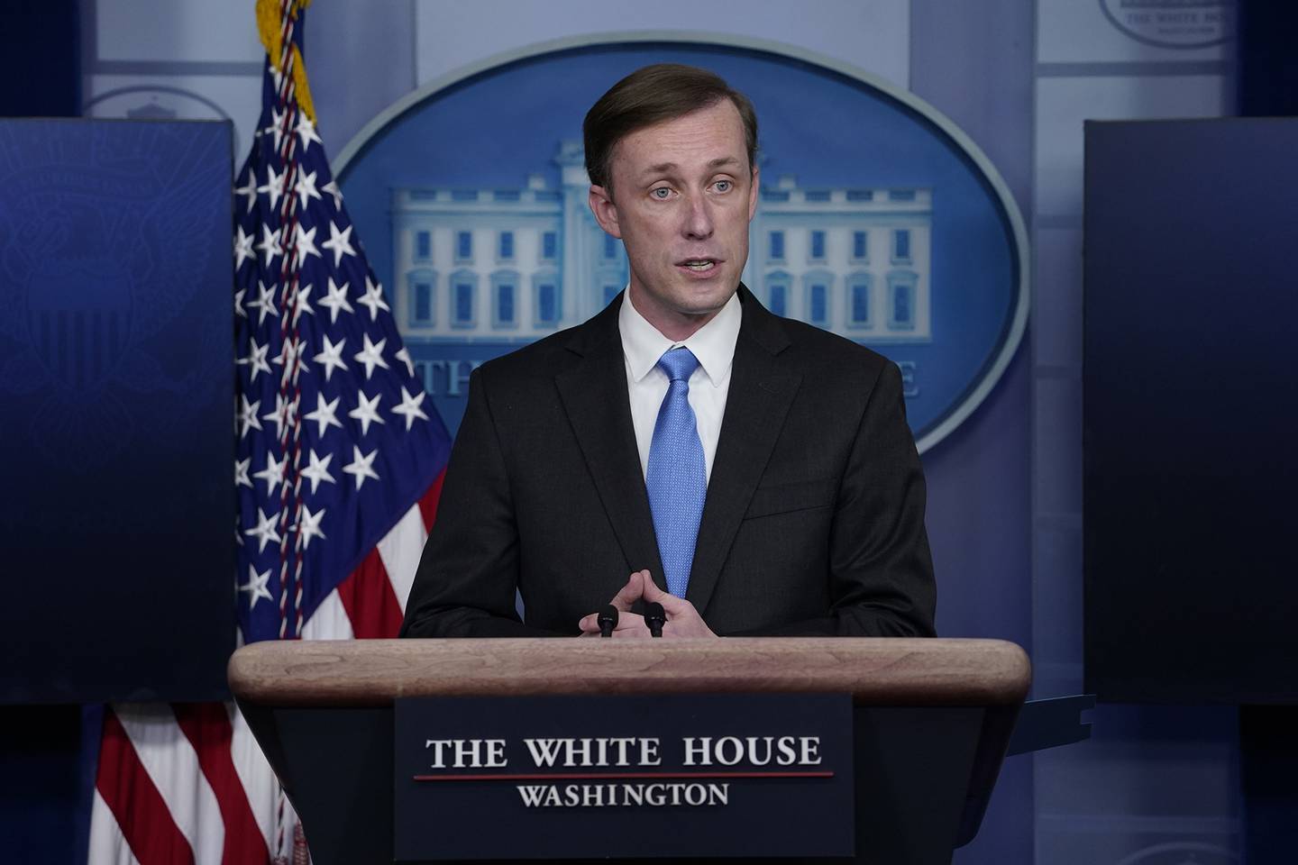 National security adviser Jake Sullivan speaks during a press briefing at the White House on Feb. 4, 2021, in Washington.
