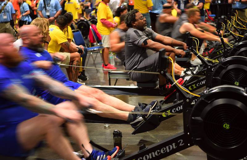 Team SOCOM Army Master Sgt. Henry Taylor competes in indoor rowing during the 2019 DoD Warrior Games hosted in Tampa, Fla