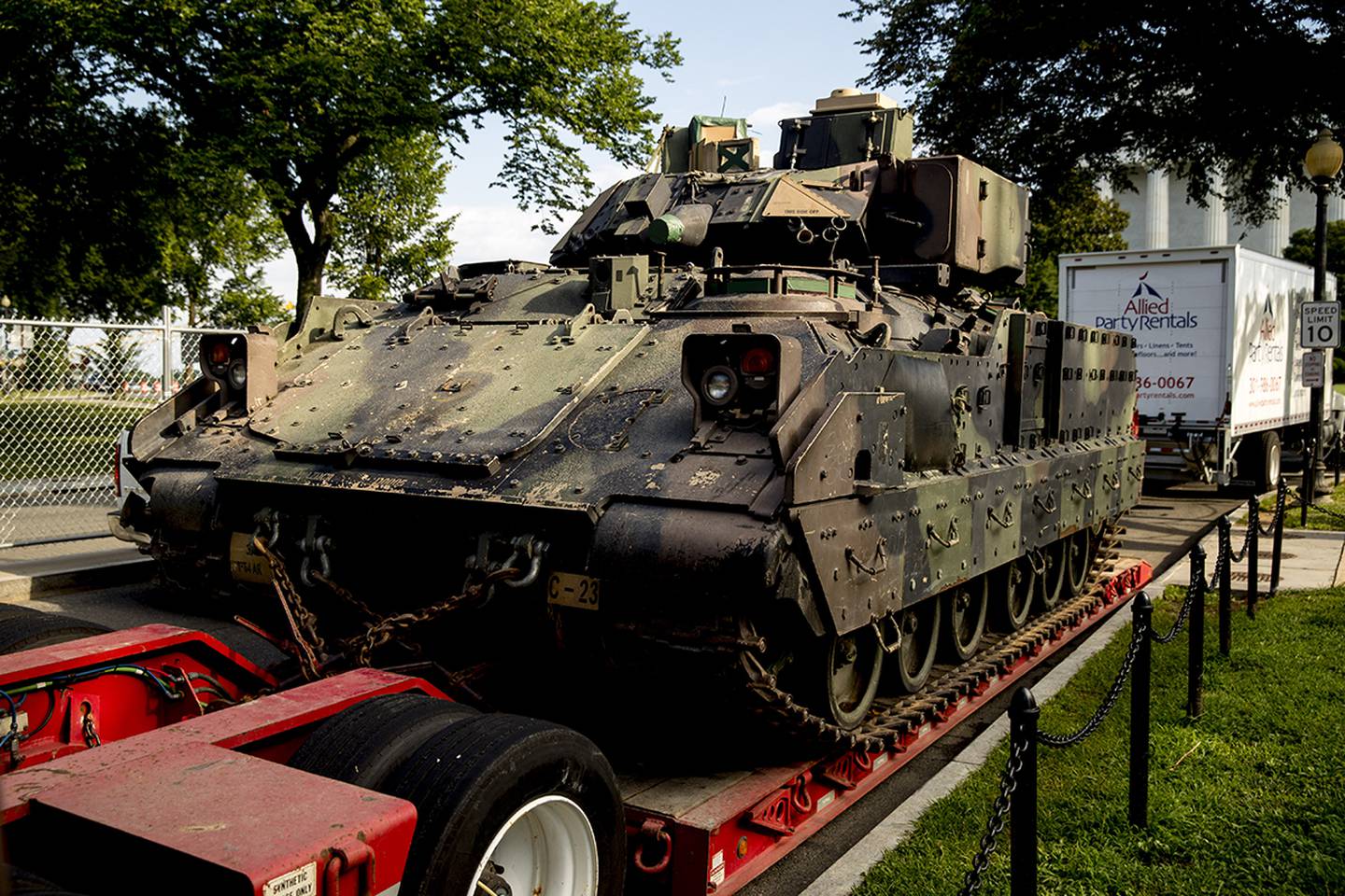 One of two Bradley Fighting Vehicles is parked nearby the Lincoln Memorial for President Donald Trump's 'Salute to America' event honoring service branches on Independence Day, Tuesday, July 2, 2019, in Washington.