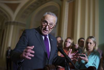 Chuck Schumer speaks to reporters at the Capitol in Washington.