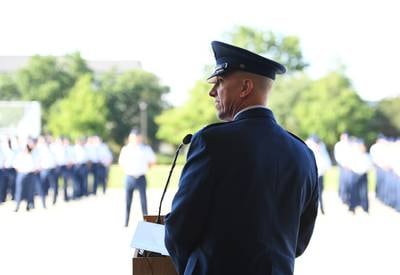 Air Force Col. William Hunter addresses the 81st Training Wing during a change of command ceremony at Keesler Air Force Base, Mississippi, June 17, 2021.