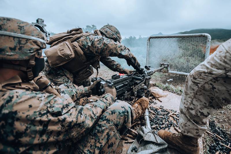 U.S. Marines fire an M2 .50 caliber machine gun on Camp Hansen, Okinawa, Japan, Aug. 26, 2020.