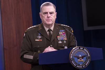 Chairman of the Joint Chiefs of Staff Gen. Mark A. Milley speaks to the media in the Pentagon Briefing Room, May 5, 2020. (
