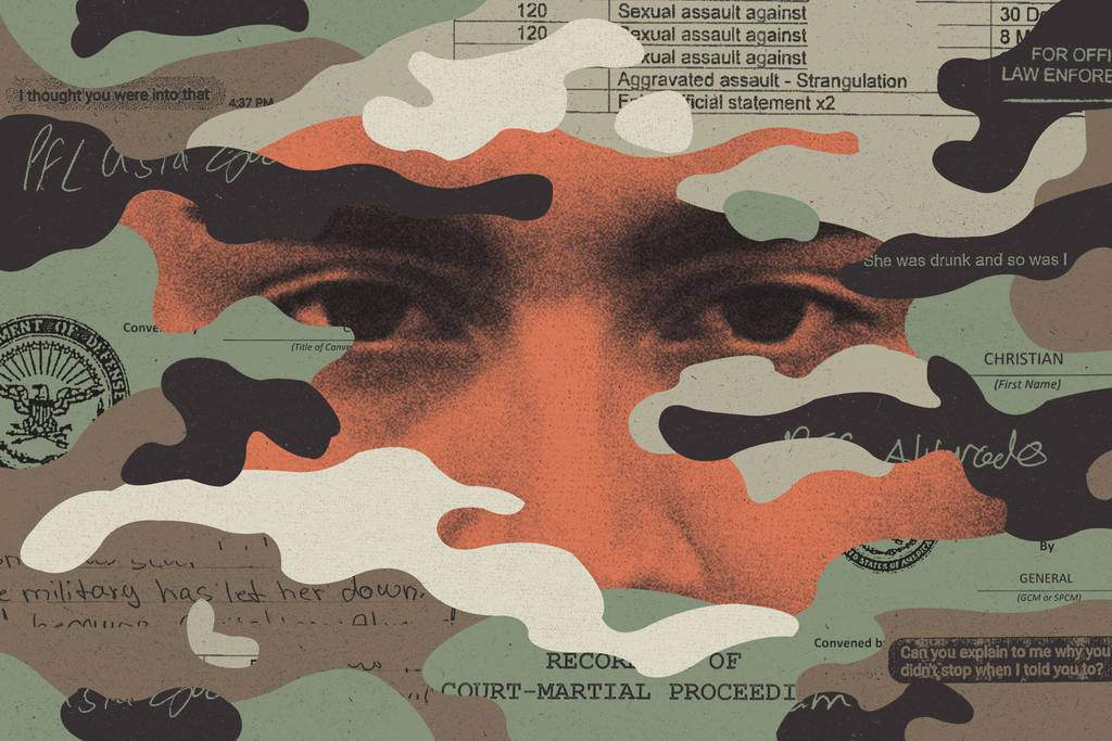 Photo illustration shows a face surrounded by green camouflage and text from legal documents