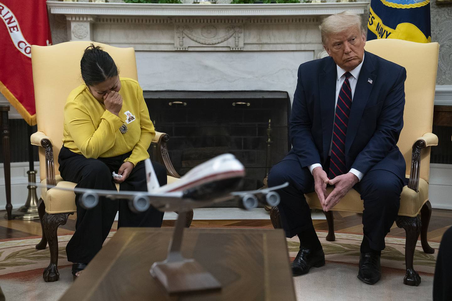 Gloria Guillen, the mother of slain Army Spc. Vanessa Guillen, meets with President Donald Trump in the Oval Office of the White House on Thursday, July 30, 2020, in Washington.