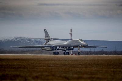 A B-1B Lancer taxis on the runway to participate in Red Flag 22-2 at Dyess Air Force Base, Texas, March 3, 2022. (Senior Airman Reilly McGuire/Air Force)
