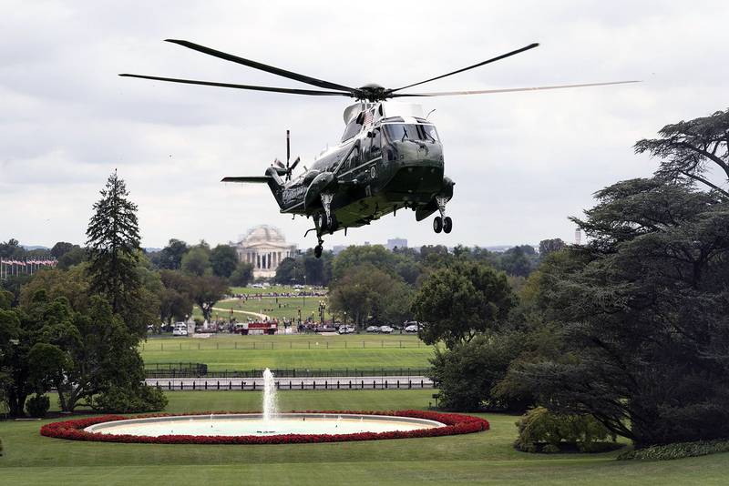 Marine One carrying President Donald Trump approaches for a landing on the South Lawn of the White House on Sept, 1, 2019, from Camp David near Thurmont, Md.