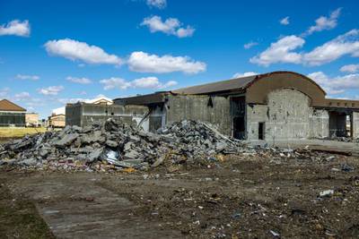 Construction continues at Offutt Air Force Base, Neb., on April 8, 2022. A large portion of the base was damaged in a 2019 flood, requiring many buildings to be demolished. (Jason Colbert/Army Corps of Engineers)