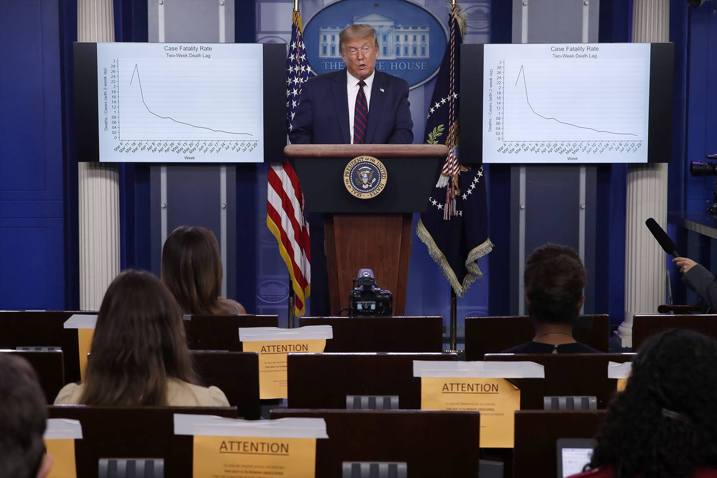 President Donald Trump speaks during a briefing with reporters in the James Brady Press Briefing Room of the White House, Tuesday, Aug. 4, 2020, in Washington.