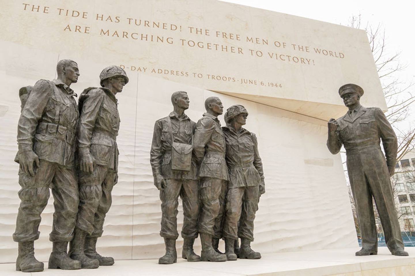 Statues at the Dwight D. Eisenhower Memorial in Washington D.C. depict the general visiting troops a day before the Normandy invasion in 1944.