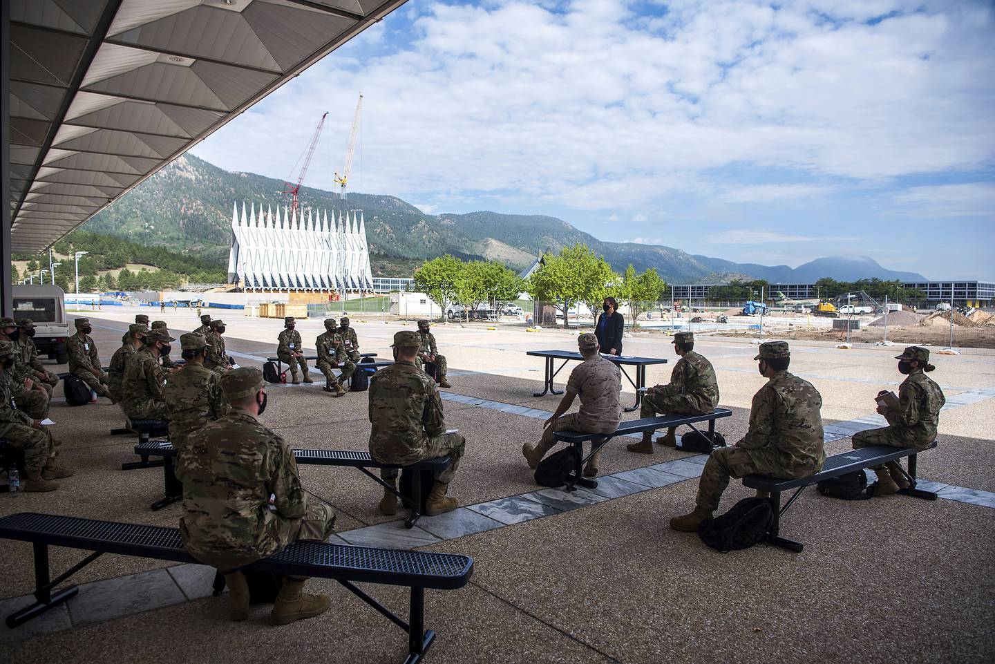 In this image provided by the U.S. Air Force Academy, academy cadets start the school year with a mix of reduced class sizes and remote learning on Aug. 12, 2020, at the U.S. Air Force Academy in Colorado Springs, Colo.