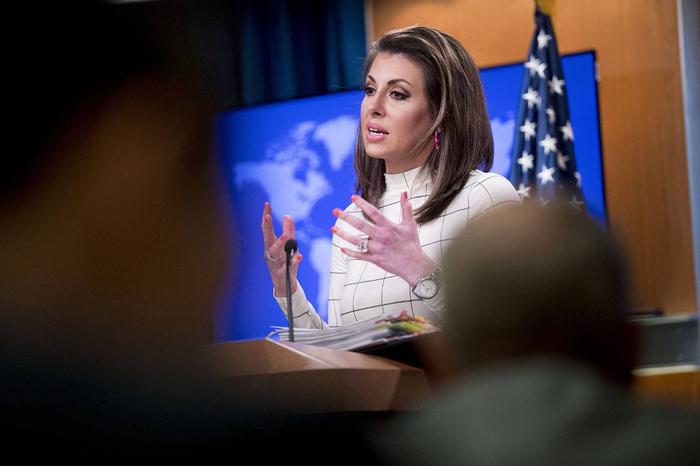 State Department spokesperson Morgan Ortagus speaks at a news conference at the State Department in Washington