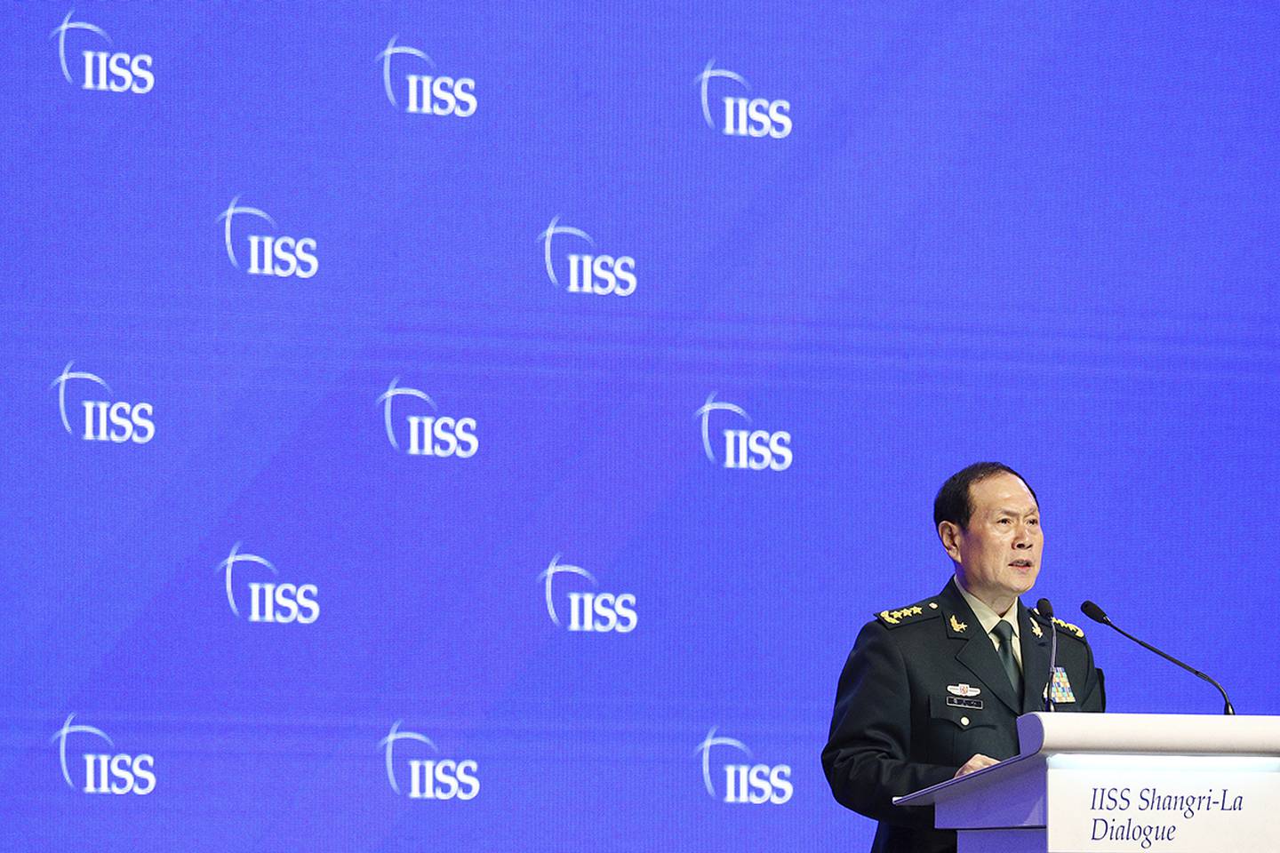 Chinese Defense Minister Gen. Wei Fenghe speaks during the fourth plenary session of the 18th International Institute for Strategic Studies (IISS) Shangri-la Dialogue