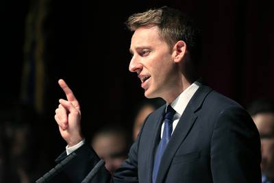 Democrat Jason Kander concedes to Sen. Roy Blunt, R-Mo., during an election watch party at the Uptown Theater in Kansas City, Mo.