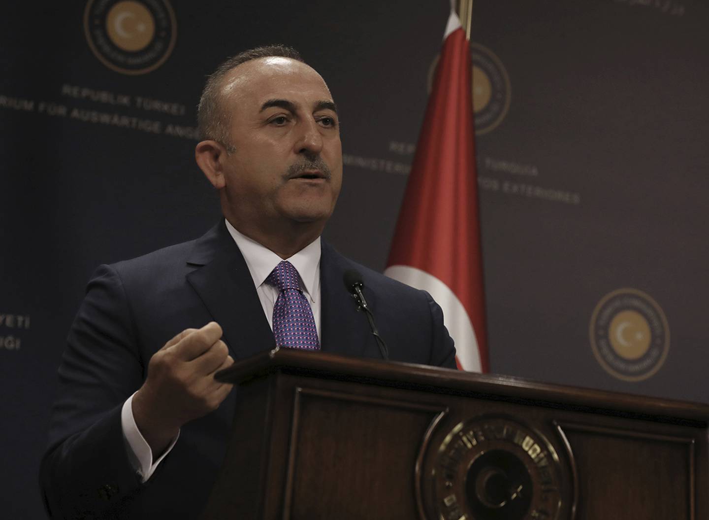 Turkey's Foreign Minister Mevlut Cavugoglu speaks during a news conference in Ankara, Turkey, Wednesday, July 24, 2019.
