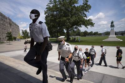 New cadets march in formation on July 13, 2020, at the U.S. Military Academy in West Point, N.Y.