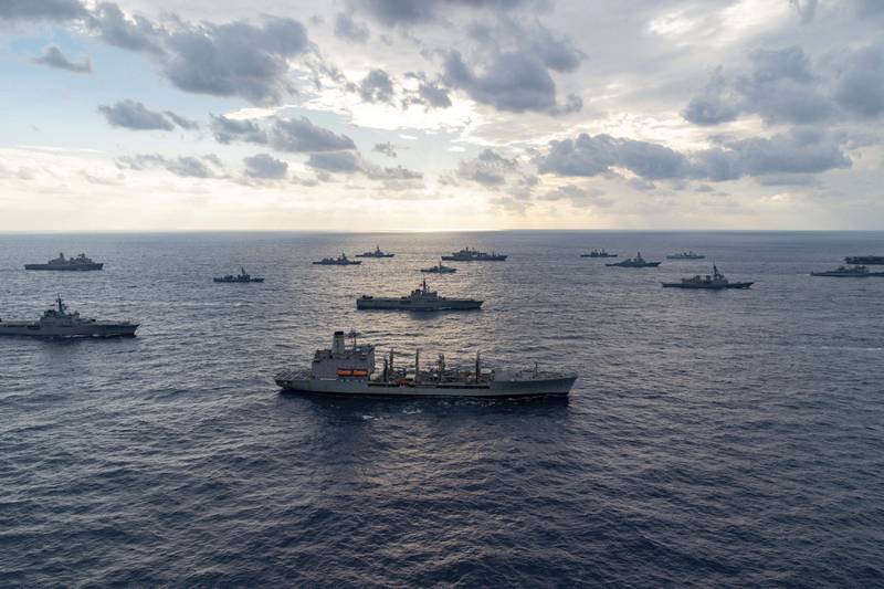 Ships from the U.S. Navy, Japan Maritime Self-Defense Force, Royal Navy, Royal Australian Navy and Royal Canadian Navy steam in formation during Keen Sword 23, in the Philippine Sea, Nov. 14.