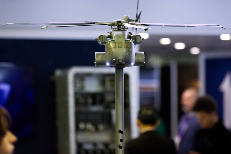 Defense contractor Lockheed Martin displays a scaled-down version of the CH-53K heavy lift helicopter at the Sea-Air-Space conference in National Harbor, Maryland, in April 2023.