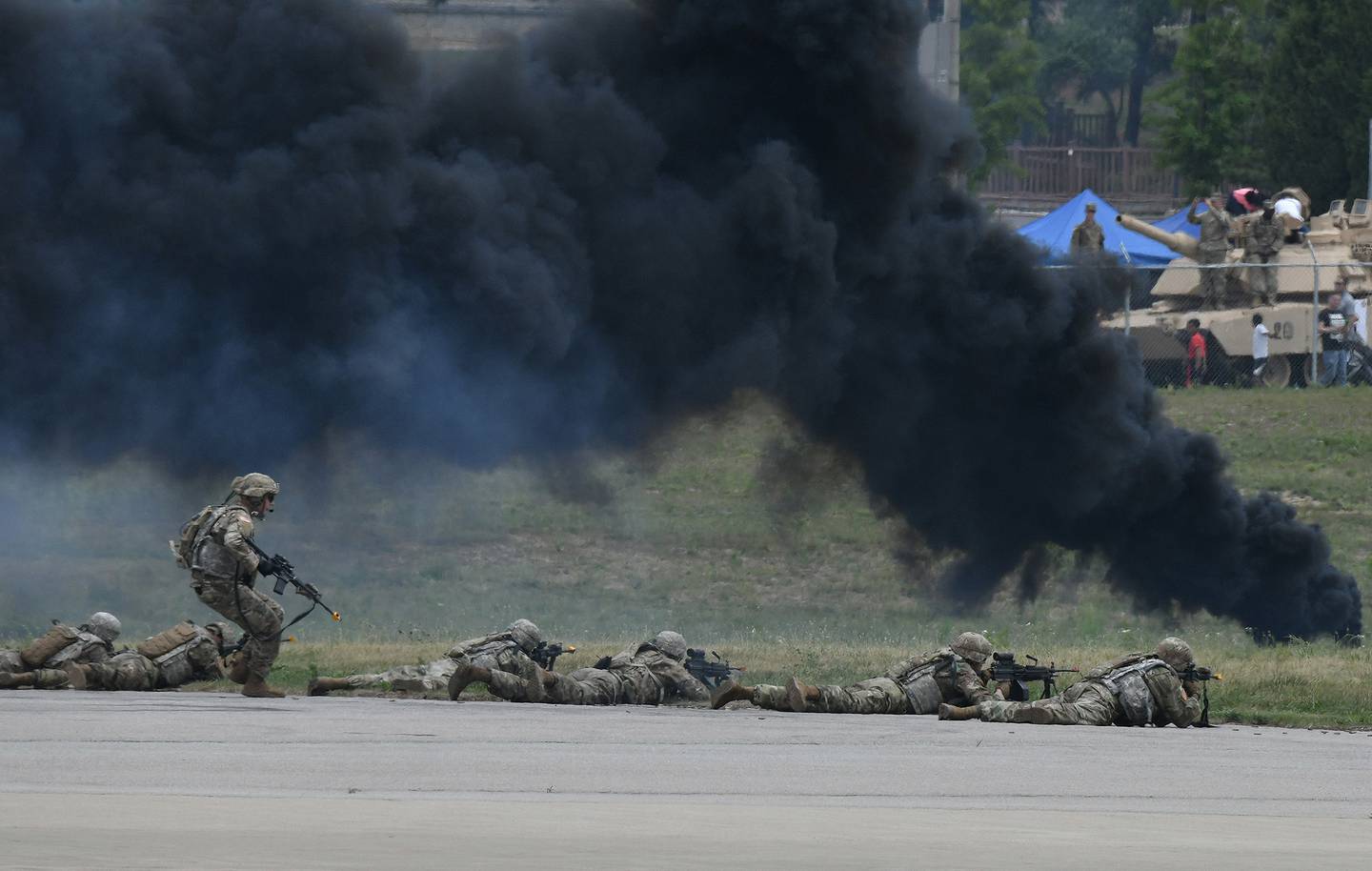 U.S. soldiers participate in a military tactical demonstration during a ceremony to commemorate the 75th anniversary of the Eighth U.S. Army at Camp Humphreys in Pyeongtaek on June 8, 2019.