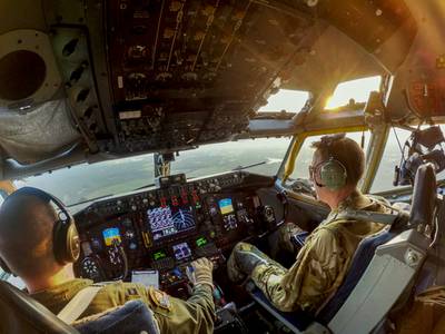 U.S. Air Force Capt. Brandon Johnson, left, and Lt. Col. Martin Ryan fly a KC-135R Stratotanker during a training mission at Joint Base McGuire-Dix-Lakehurst, N.J., July 27, 2021. (Master Sgt. Matt Hecht/Air National Guard)