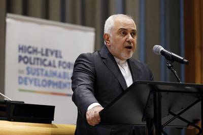 Iran's Foreign Minister Javad Zarif addresses the High Level Political Forum on Sustainable Development, at United Nations headquarters, Wednesday, July 17, 2019.