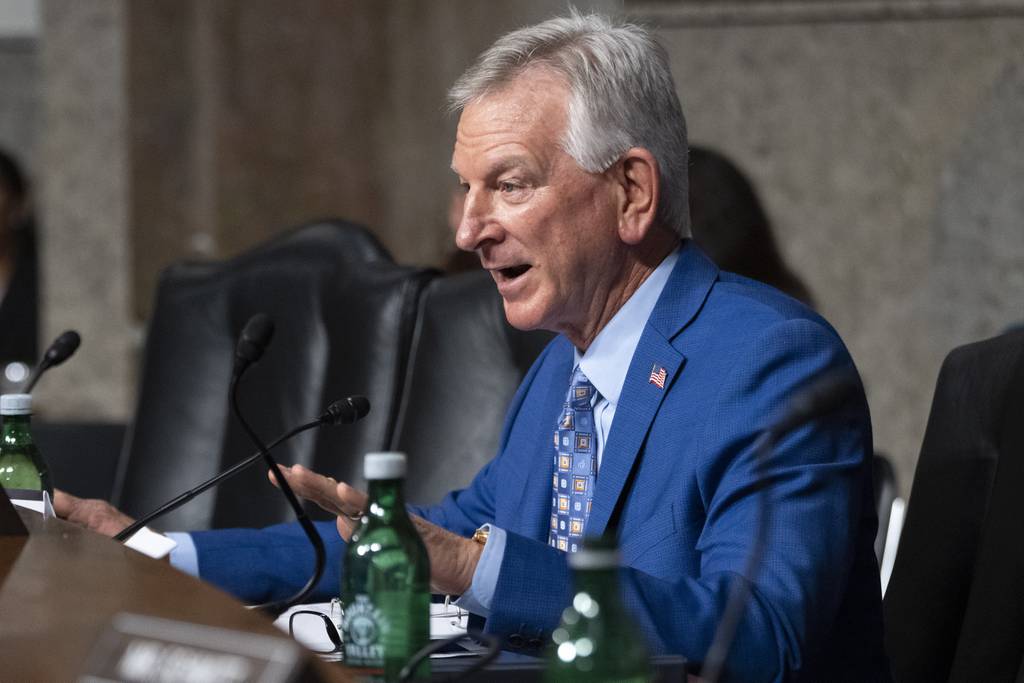 Sen. Tommy Tuberville, R-Ala., questions Navy Adm. Lisa Franchetti during a Senate Armed Services Committee hearing on her nomination for reappointment to the grade of admiral and to be Chief of Naval Operations, Sept. 14, 2023, on Capitol Hill in Washington.