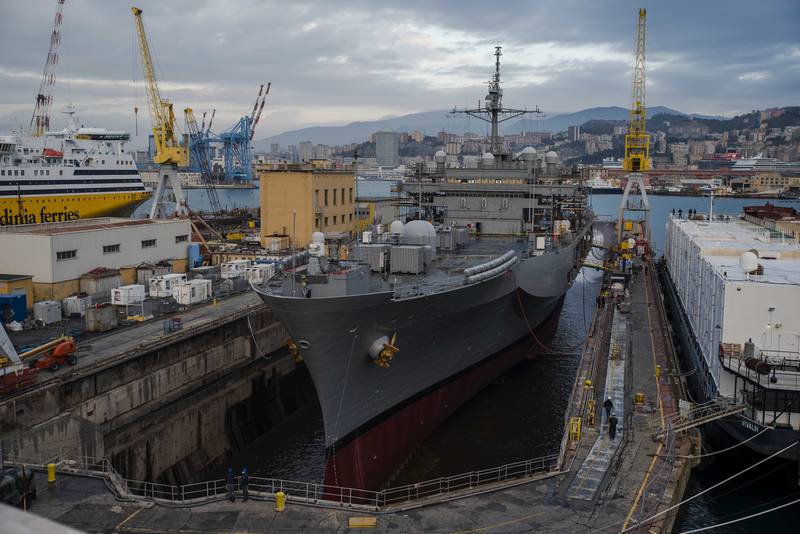 The dock around the Blue Ridge-class command and control ship USS Mount Whitney (LCC 20) fills with water during the ship's dry dock phase at San Giorgio Del Porto in Genoa, Italy, Nov. 13, 2020.