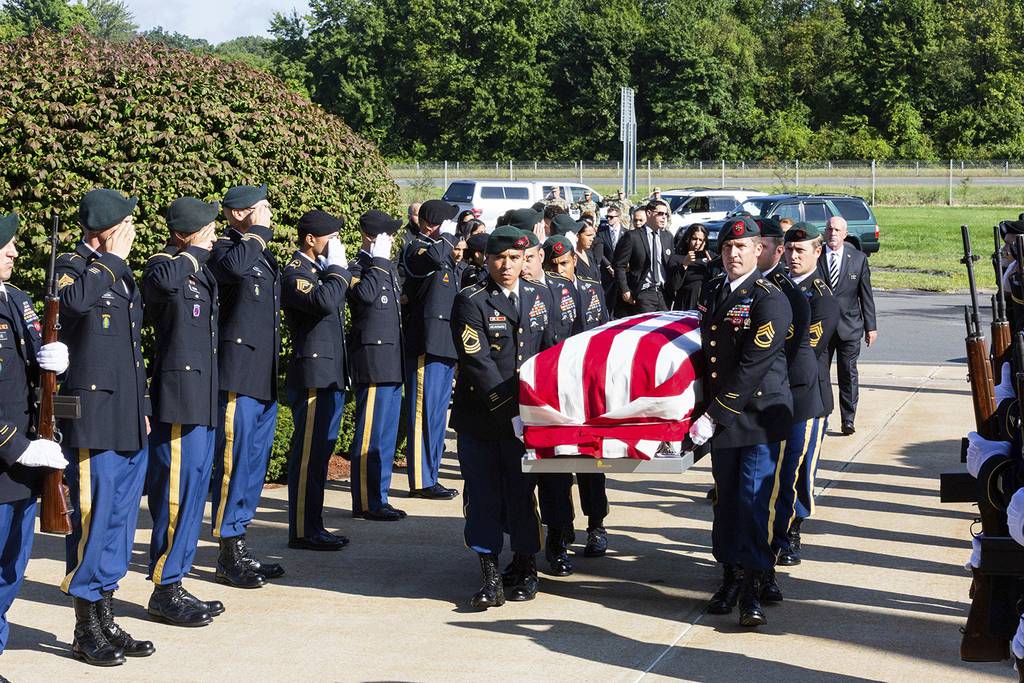 The body of U.S. Army Green Beret Master Sgt. Luis DeLeon-Figueroa, killed in action in Afghanistan on Aug. 21, arrives at Bethany Assembly of God Church in Agawam, Mass. Tuesday, Sept. 3, 2019.
