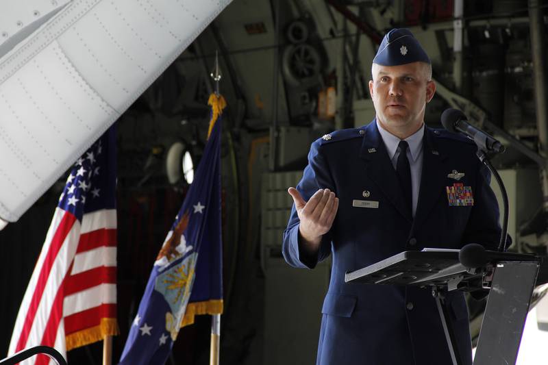 Then-Lt. Col. Jason Terry addresses the crowd after assuming command of the 52nd Airlift Squadron in 2013. Terry, now a colonel, was relieved of command at the 515th Air Mobility Operations Wing at Joint Base Pearl Harbor-Hickam, Hawaii, in February 2022. (Staff Sgt. Nathan Federico/Air Force)