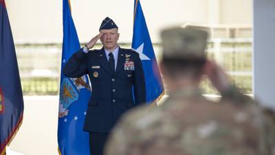 Air Force Brig. Gen. Paul R. Birch renders his first salute during the 36th Wing change of command ceremony, June 10, 2022, at Andersen Air Force Base, Guam.