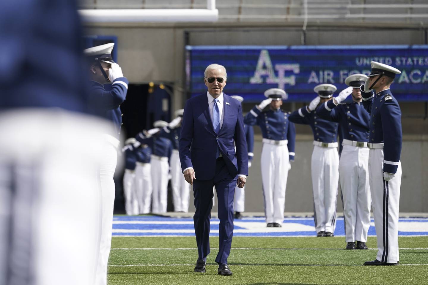 President Joe Biden arrives to the 2023 Air Force Academy Graduation Ceremony at Falcon Stadium, Thursday, June 1, 2023, at the United States Air Force Academy in Colorado Springs, Colo.