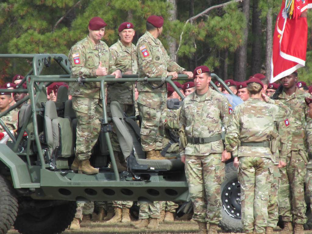 Brig. Gen. Patrick Work, the incoming commander for the 82nd Airborne Division, Command Sgt. Maj. Randolph Delapena and Maj. Gen. Christopher LaNeve, the outgoing commander, conduct an inspection of troops during a command change Friday, Nov. 17, 2023, at Fort Liberty.