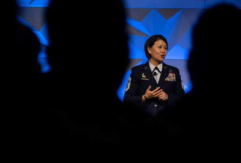 Chief Master Sergeant of the Air Force JoAnne S. Bass provides her keynote address during the Airlift/Tanker Association Symposium in Denver, Colo. Oct. 29, 2022. (Master Sgt. Jodi Martinez/Air Force)