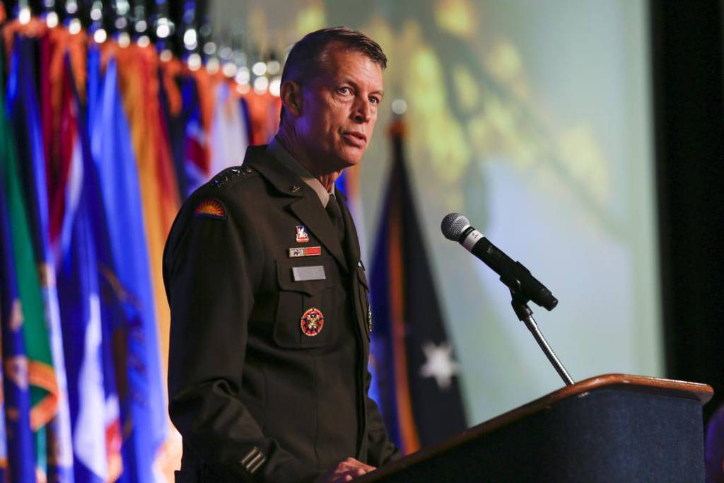Army Gen. Daniel Hokanson, chief, National Guard Bureau, addresses the 51st annual conference of the Enlisted Association of the National Guard of the United States in Little Rock, Arkansas, Aug. 8, 2022. (Sgt. 1st Class Zach Sheely/Army National Guard)