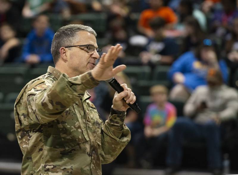Maj. Gen. William T. Cooley, Air Force Research Laboratory commander, speaks during the FIRST LEGO League Tournament closing ceremony in the Wright State University Nutter Center, Dayton, Ohio, Feb. 3, 2019. (Air Force/R.J. Oriez)