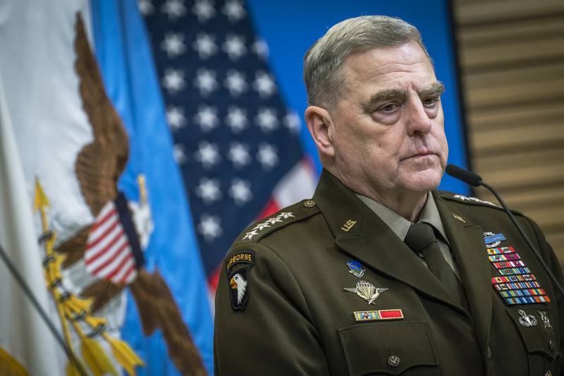 Chairman of the Joint Chiefs of Staff, Gen. Mark A. Milley answers questions during a press conference at NATO headquarters, Brussels, Belgium, Feb. 14, 2023.