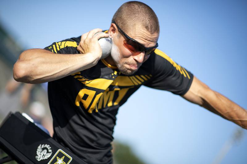Army veteran Sgt. Jonathan Weasner, Team Army, prepares to launch a shot put during the 2019 DoD Warrior Games field events at the University of South Florida in Tampa, Fla.