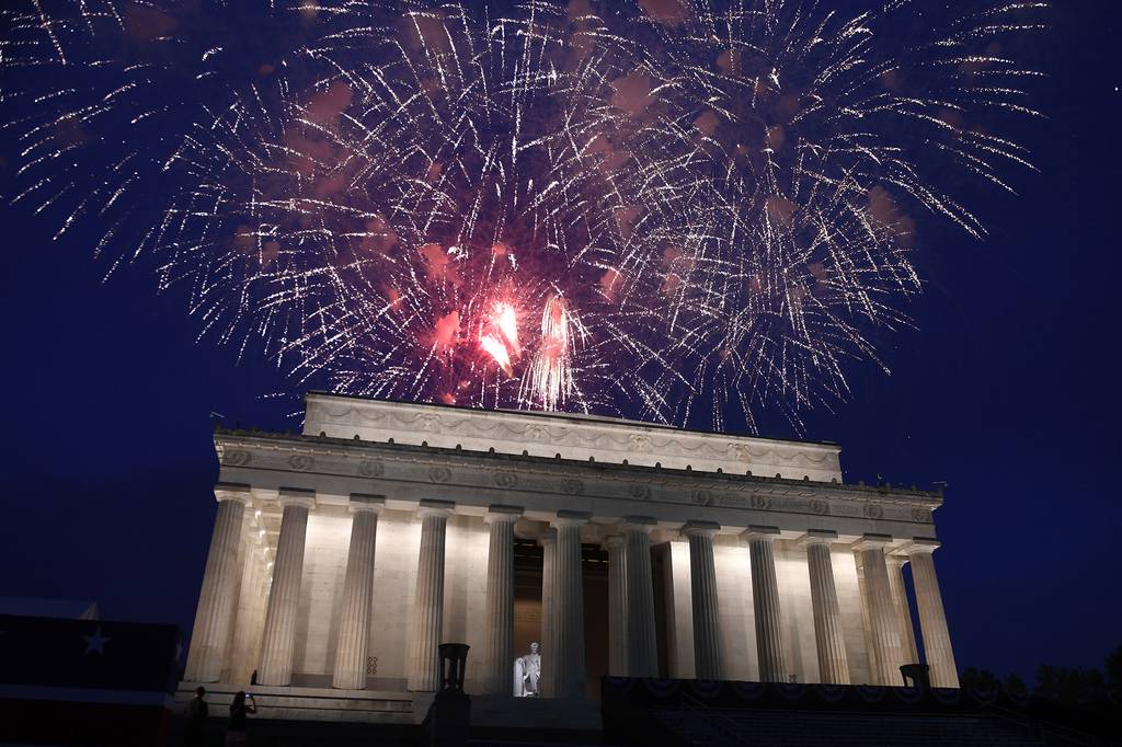 In this July 4, 2019, file photo, fireworks go off over the Lincoln Memorial in Washington on July 4, 2019.