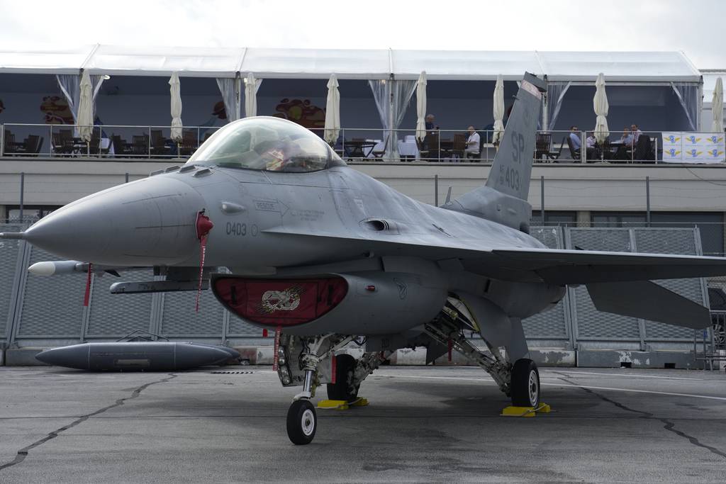 A U.S. Air Force F-16 fighter jet is on display during the Paris Air Show in Le Bourget, north of Paris, France, Monday, June 19, 2023.
