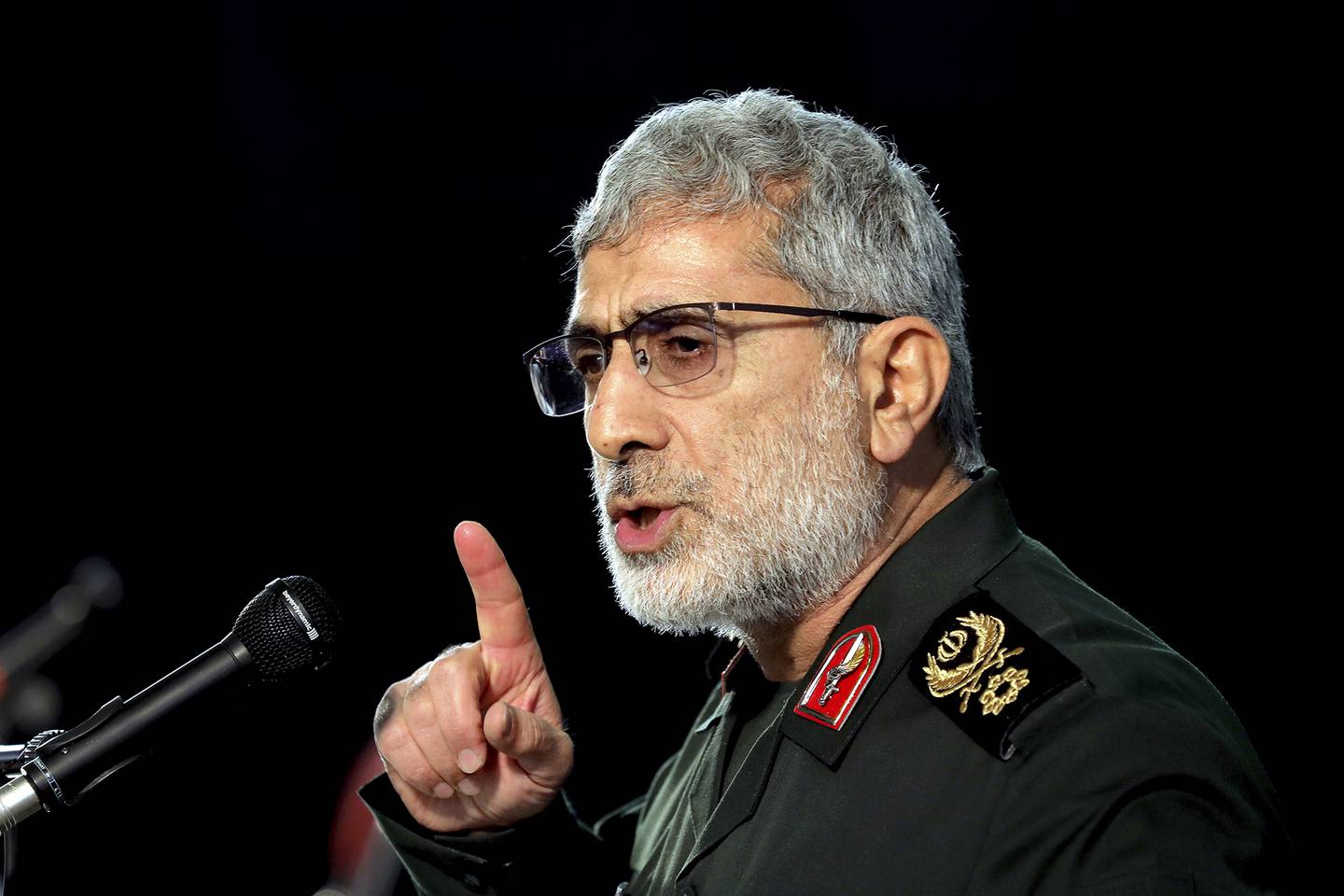 Gen. Esmail Ghaani, the head of the Quds Force, speaks during a ceremony on the occasion of first anniversary of the death of the force's previous head Gen. Qassem Soleimani, in Tehran, Iran, Friday, Jan. 1, 2021.