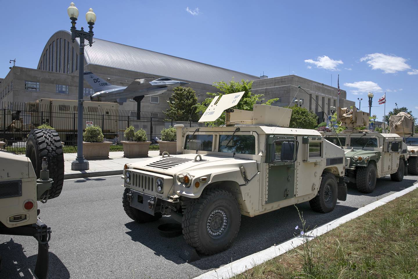 Vehicles for the District of Columbia National Guard are seen outside the D.C. Armory, Monday, June 1, 2020, in Washington.