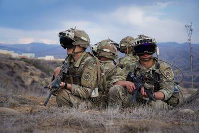 U.S. soldiers, assigned to 82nd Airborne 3rd Brigade Combat Team, train with the Integrated Visual Augmentation System during Project Convergence 2022 at Camp Talega, California.