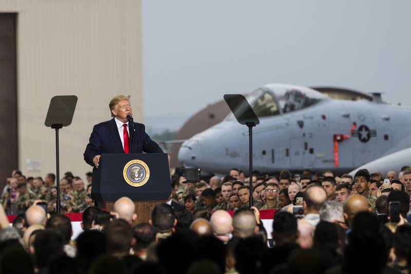 President Donald Trump speaks to soldiers, sailors, airmen and Marines during a June 30, 2019, visit to Osan Air Base, South Korea.