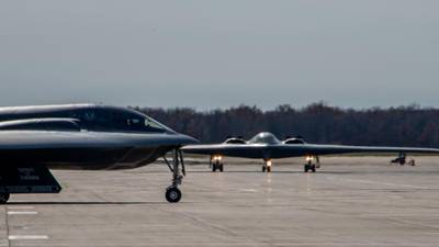 Two B-2 Spirit stealth bombers taxi to the runway during Exercise Spirit Vigilance 23 at Whiteman Air Force Base, Missouri, Nov. 7, 2022. (Airman 1st Class Phoenix Lietch/Air Force)