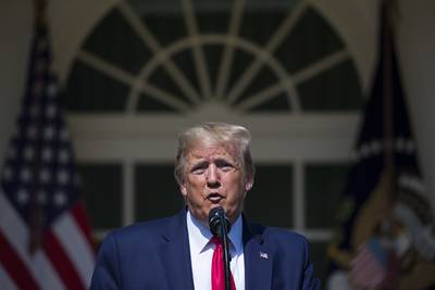 In this July 29, 2019, photo, President Donald Trump speaks before signing H.R. 1327, an act ensuring that a victims' compensation fund related to the Sept. 11 attacks never runs out of money, in the Rose Garden of the White House in Washington.