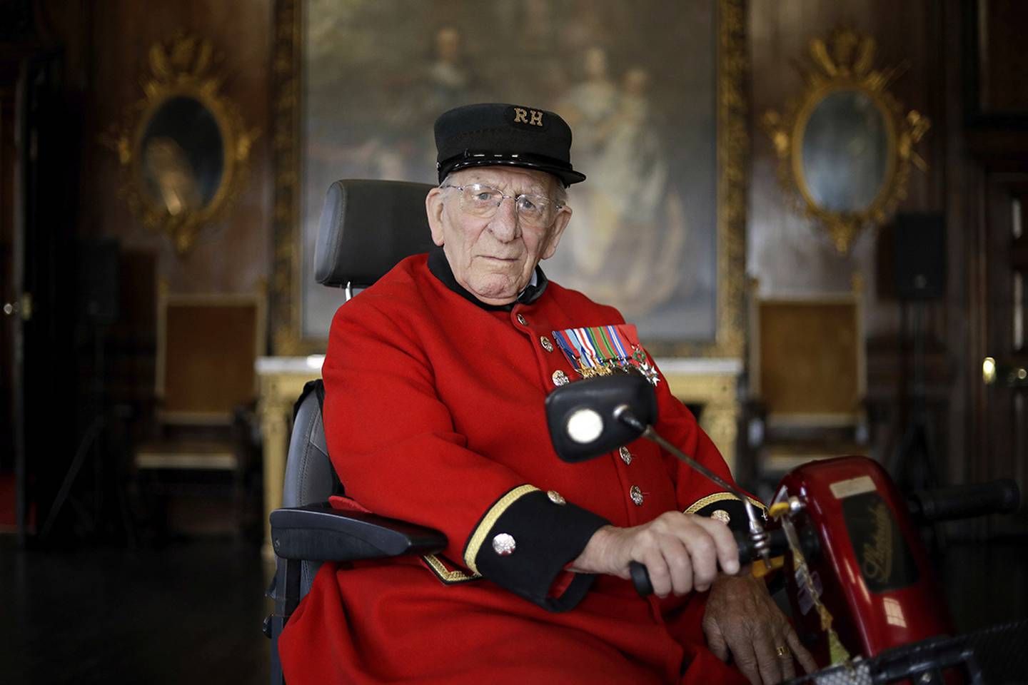 British D-Day veteran Frank Mouque poses for a portrait during a 75th anniversary D-Day event.